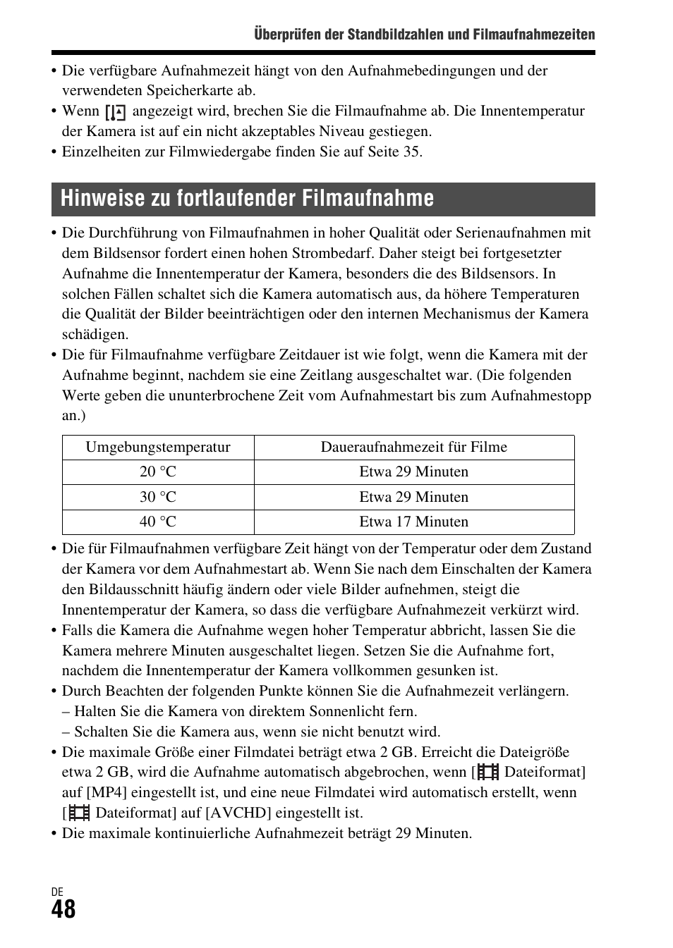 Hinweise zu fortlaufender filmaufnahme | Sony ILCA-77M2 User Manual | Page 160 / 675