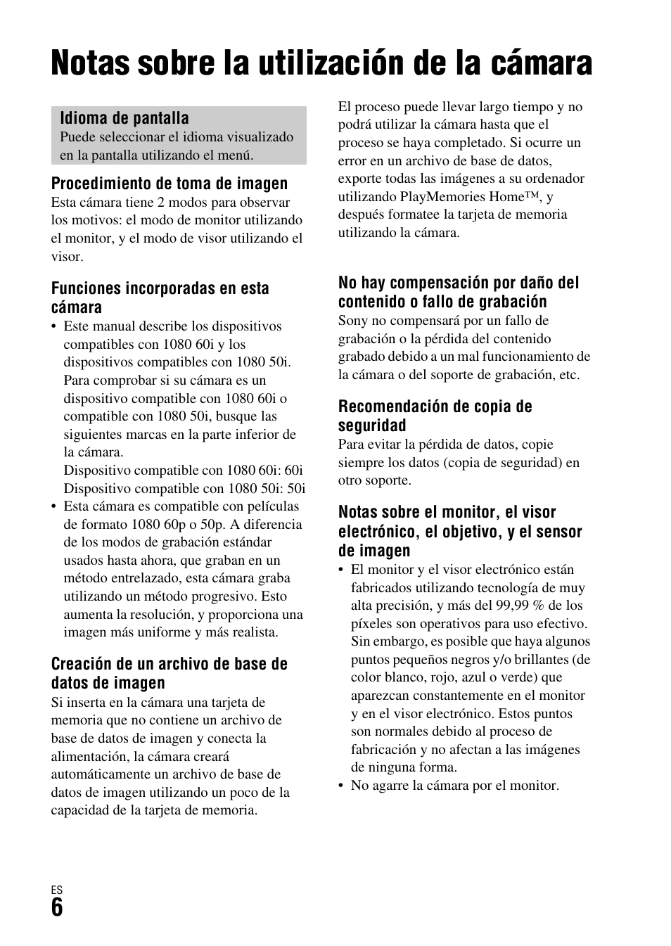 Antes de utilizar, Notas sobre la utilización de la cámara | Sony ILCA-77M2 User Manual | Page 172 / 675