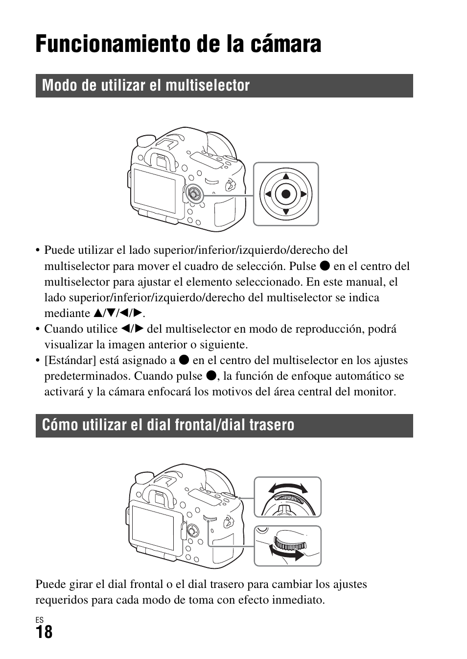 Lista de funciones, Funcionamiento de la cámara, Modo de utilizar el multiselector | Cómo utilizar el dial frontal/dial trasero | Sony ILCA-77M2 User Manual | Page 184 / 675