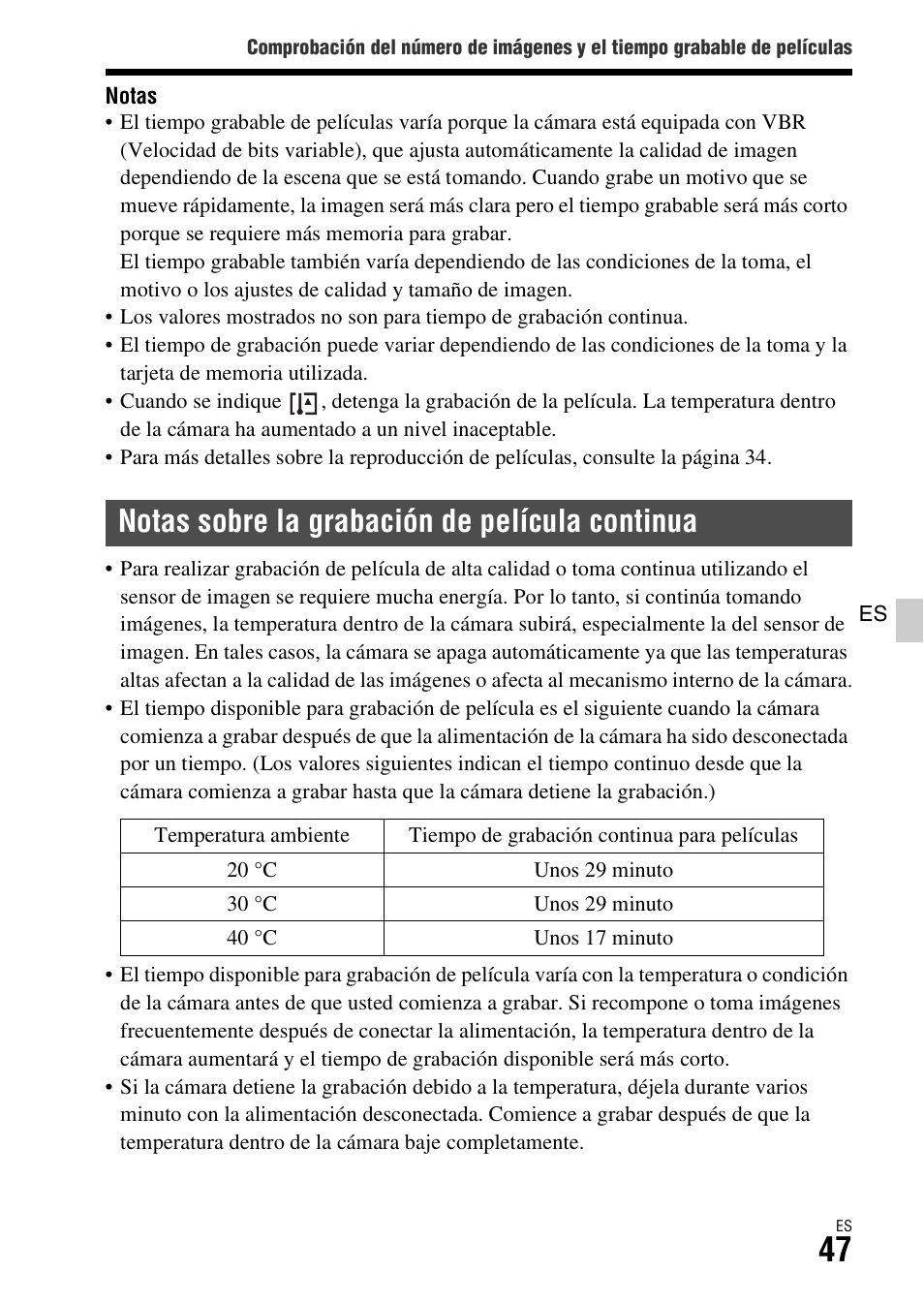 Notas sobre la grabación de película continua | Sony ILCA-77M2 User Manual | Page 213 / 675