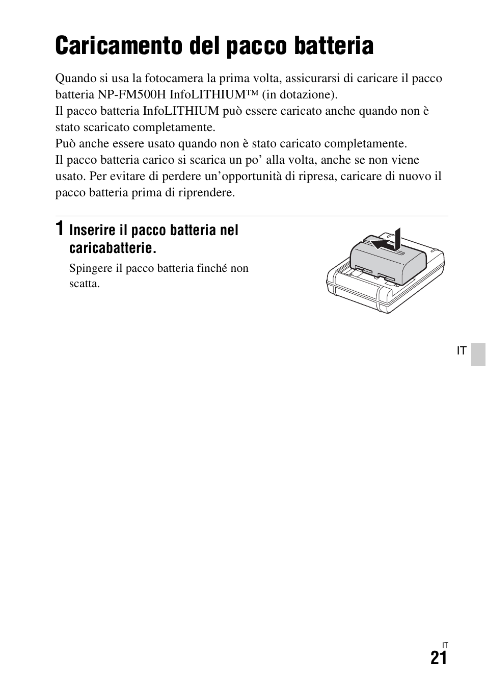 Preparazione della fotocamera, Caricamento del pacco batteria | Sony ILCA-77M2 User Manual | Page 241 / 675