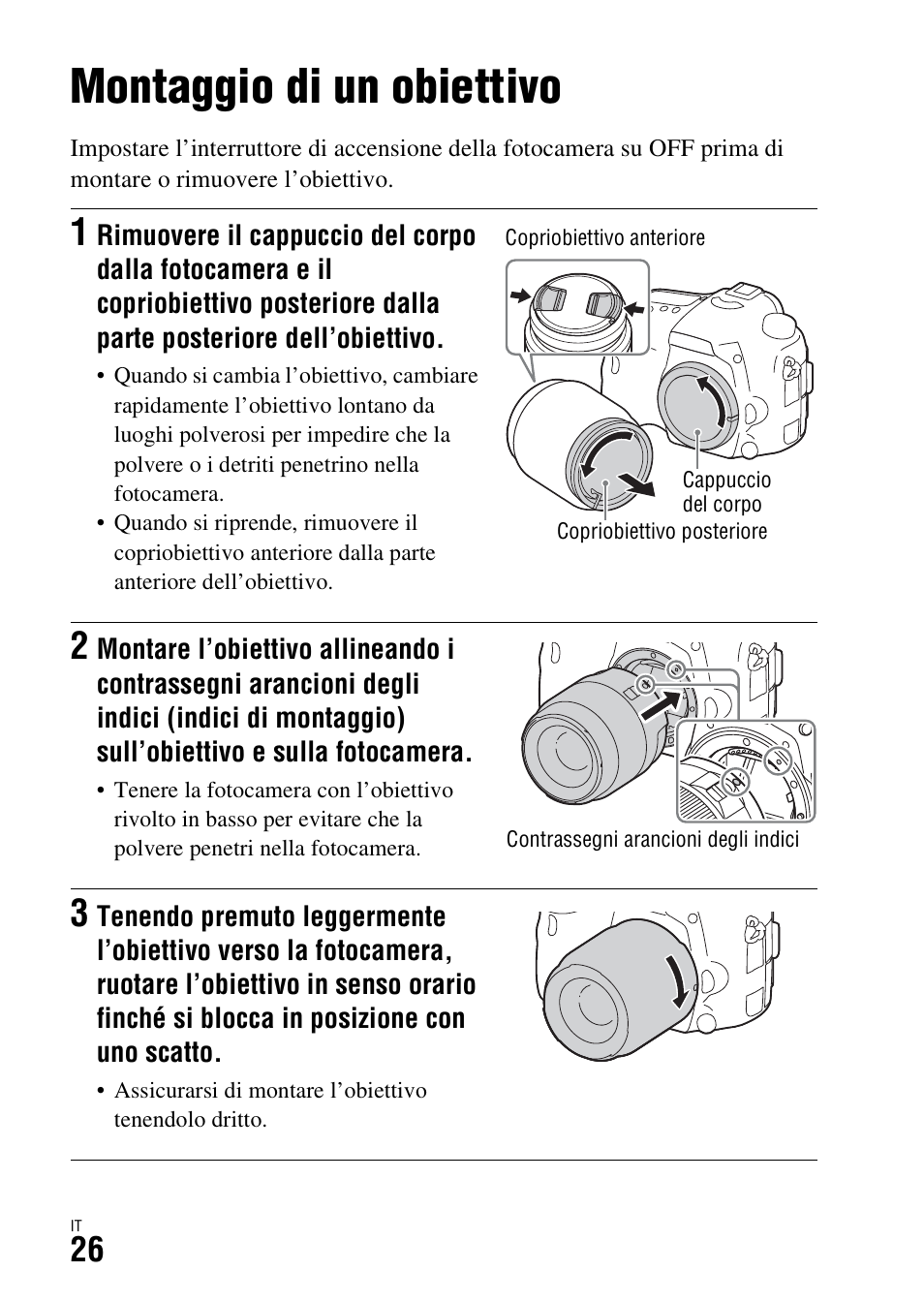 Montaggio di un obiettivo, O (26) | Sony ILCA-77M2 User Manual | Page 246 / 675