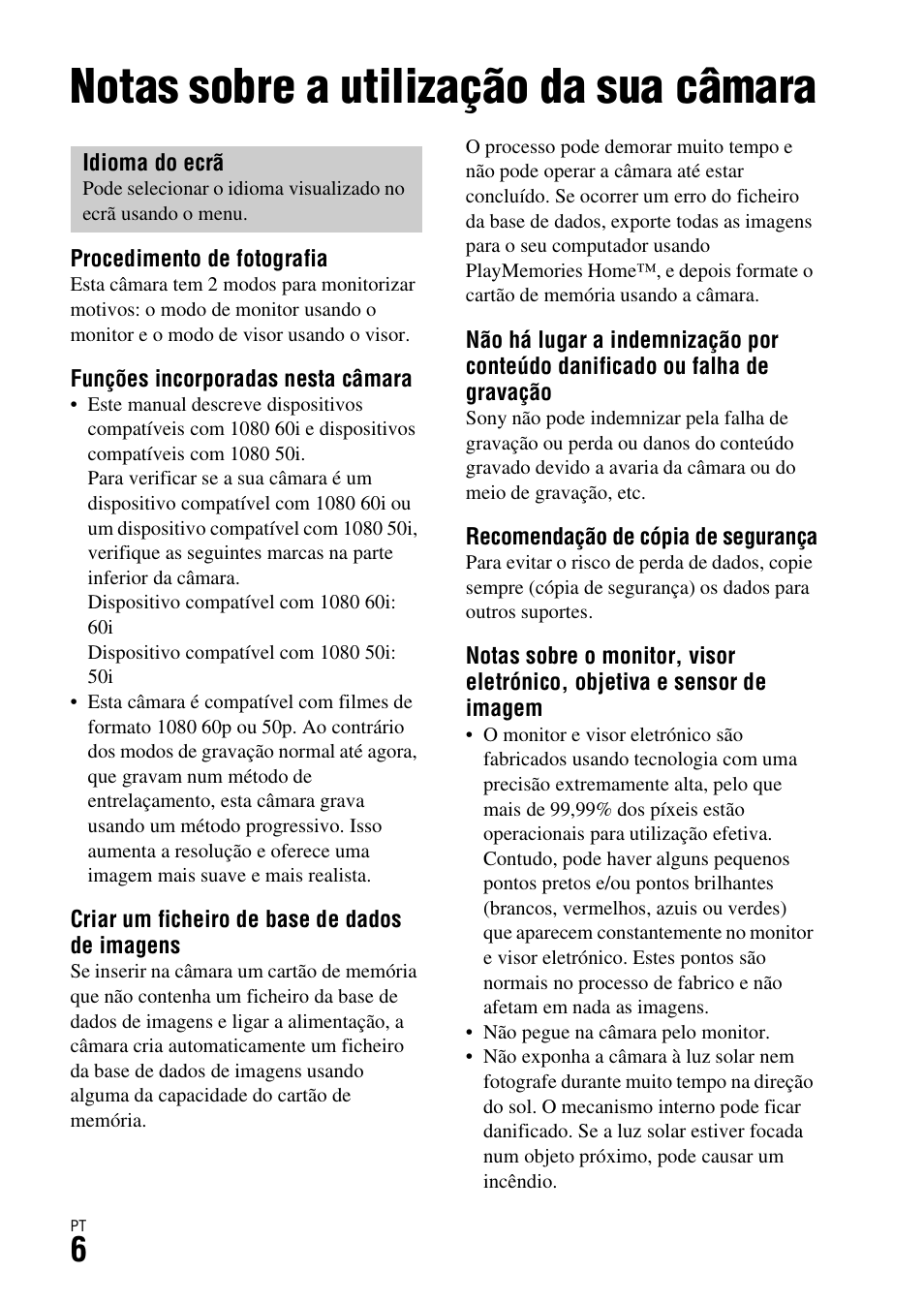 Antes da utilização, Notas sobre a utilização da sua câmara | Sony ILCA-77M2 User Manual | Page 280 / 675