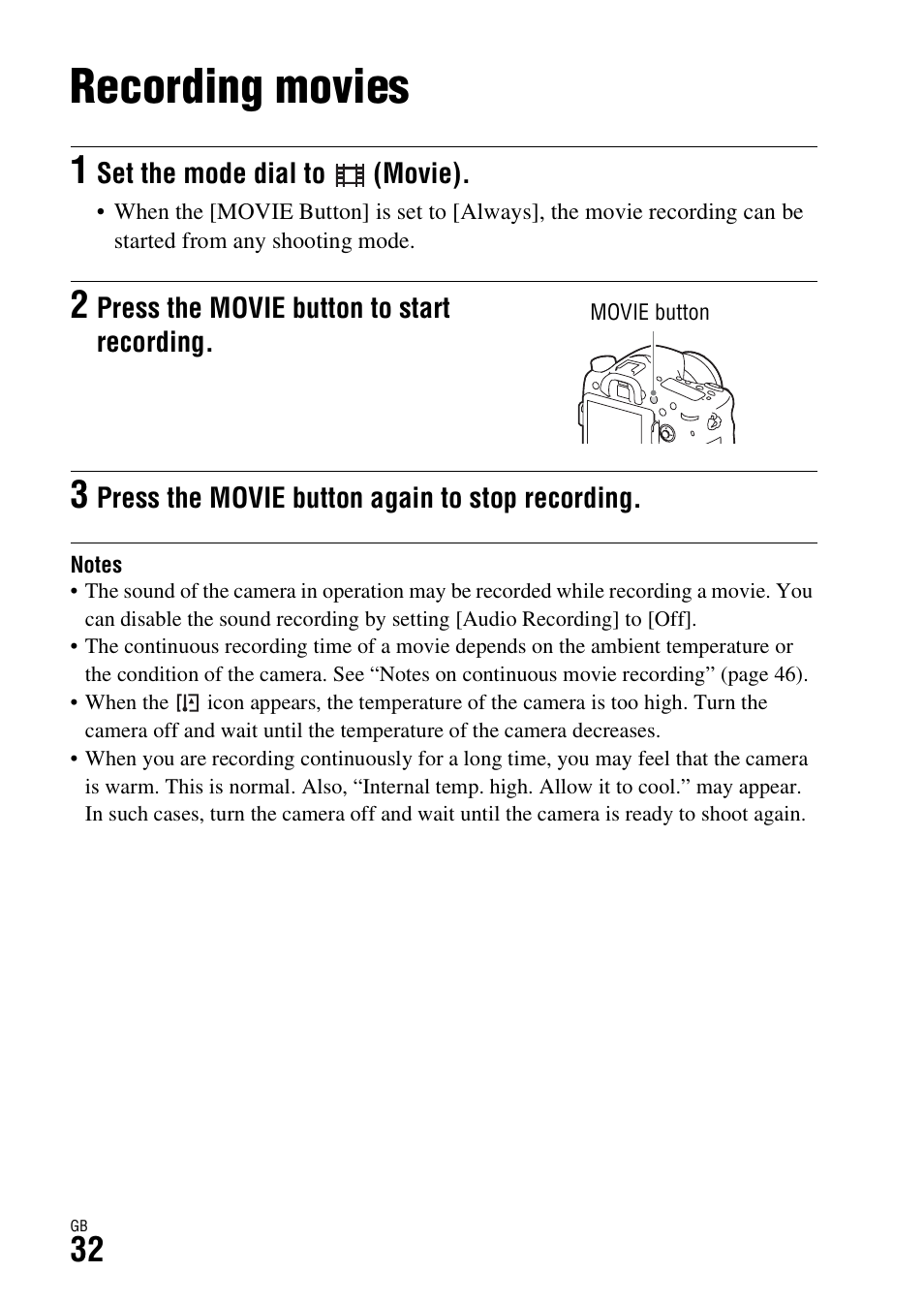 Recording movies | Sony ILCA-77M2 User Manual | Page 32 / 675