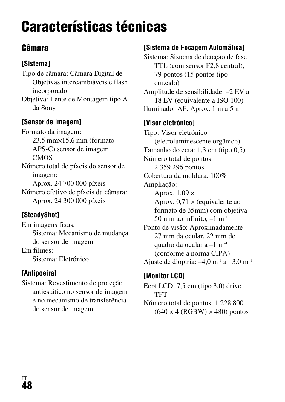 Características técnicas, Câmara | Sony ILCA-77M2 User Manual | Page 322 / 675