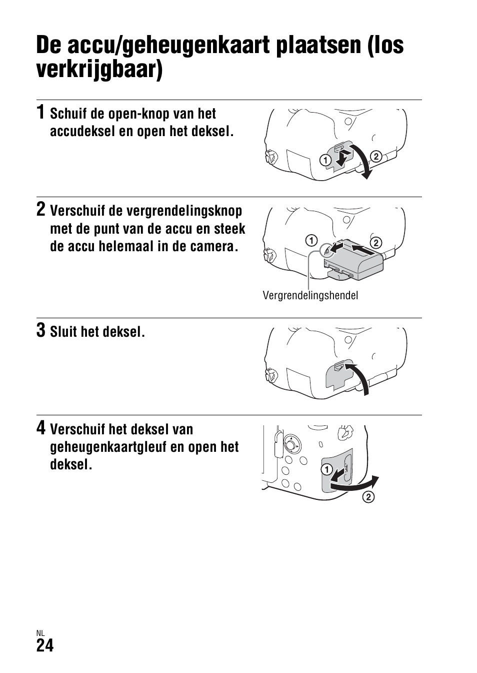 De accu/geheugenkaart plaatsen (los verkrijgbaar), F (24), K (24) | Sony ILCA-77M2 User Manual | Page 352 / 675