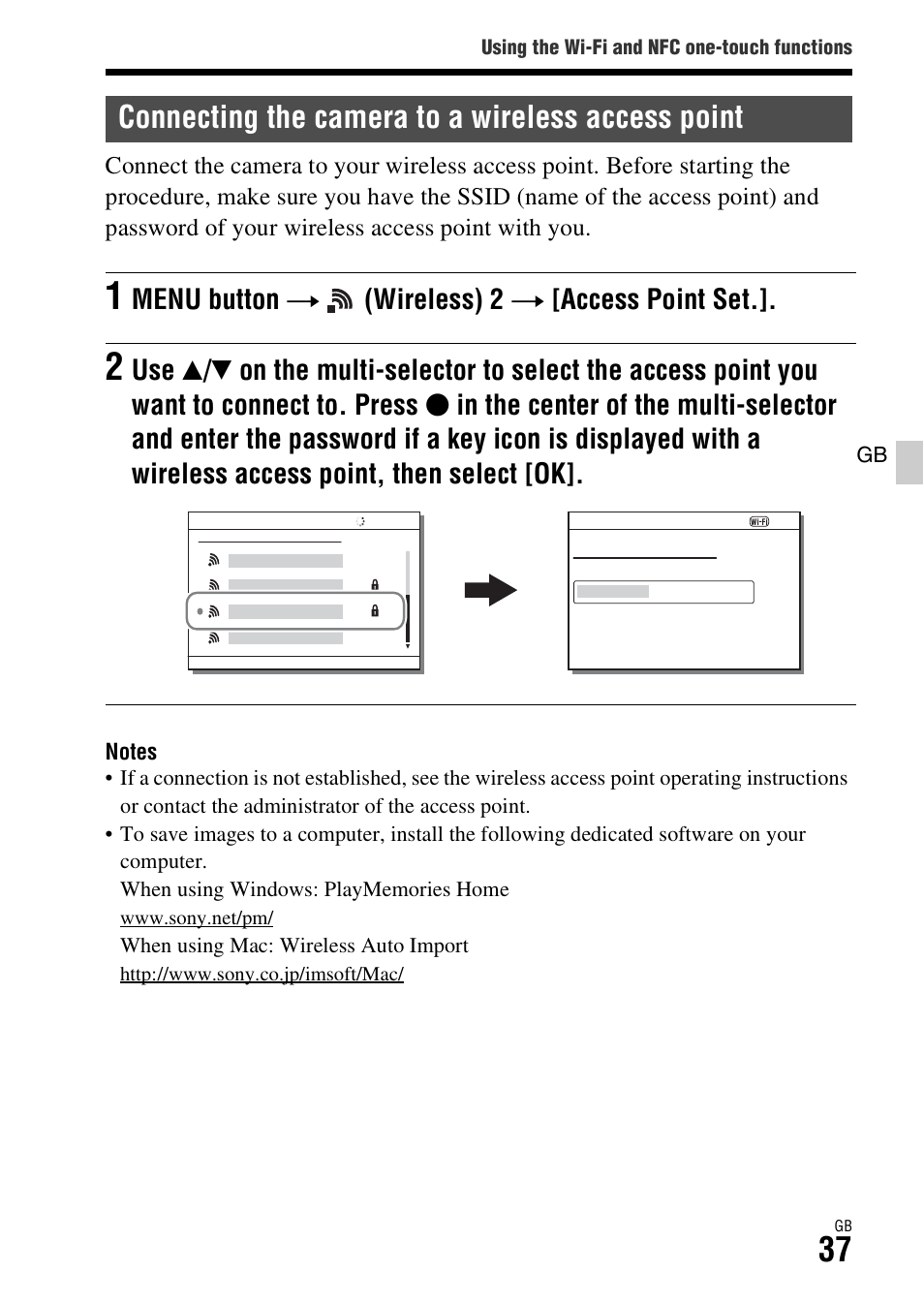 Connecting the camera to a wireless access point | Sony ILCA-77M2 User Manual | Page 37 / 675