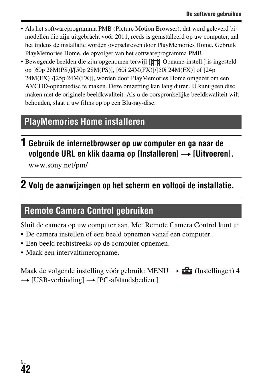 Playmemories home installeren, Remote camera control gebruiken | Sony ILCA-77M2 User Manual | Page 370 / 675