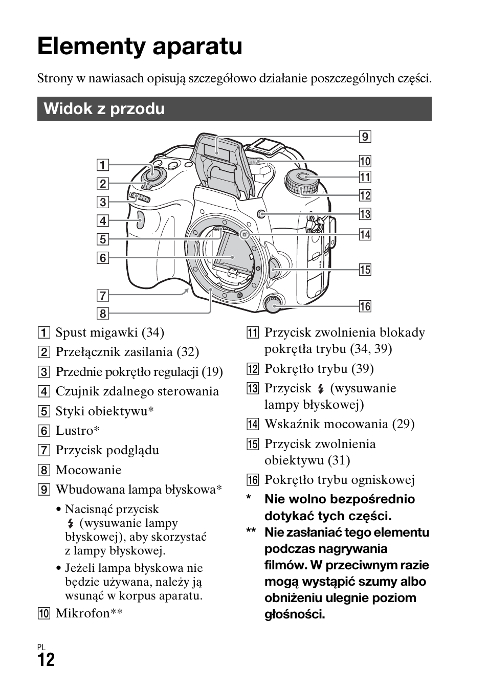 Elementy aparatu, Widok z przodu | Sony ILCA-77M2 User Manual | Page 394 / 675