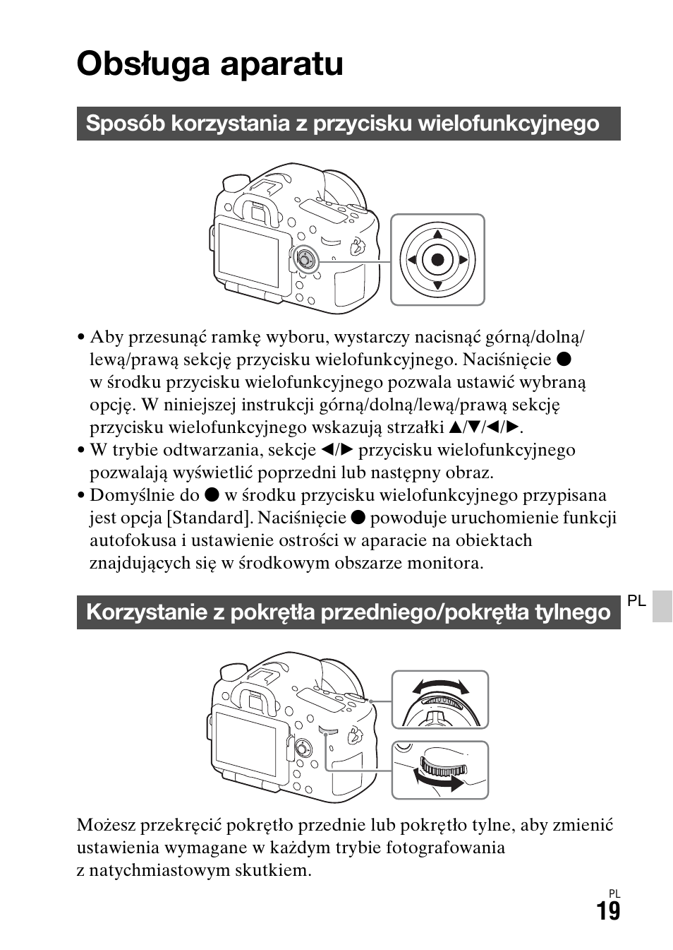 Lista funkcji, Obsługa aparatu, Sposób korzystania z przycisku wielofunkcyjnego | Korzystanie z pokrętła przedniego/pokrętła tylnego, Ji (19) | Sony ILCA-77M2 User Manual | Page 401 / 675