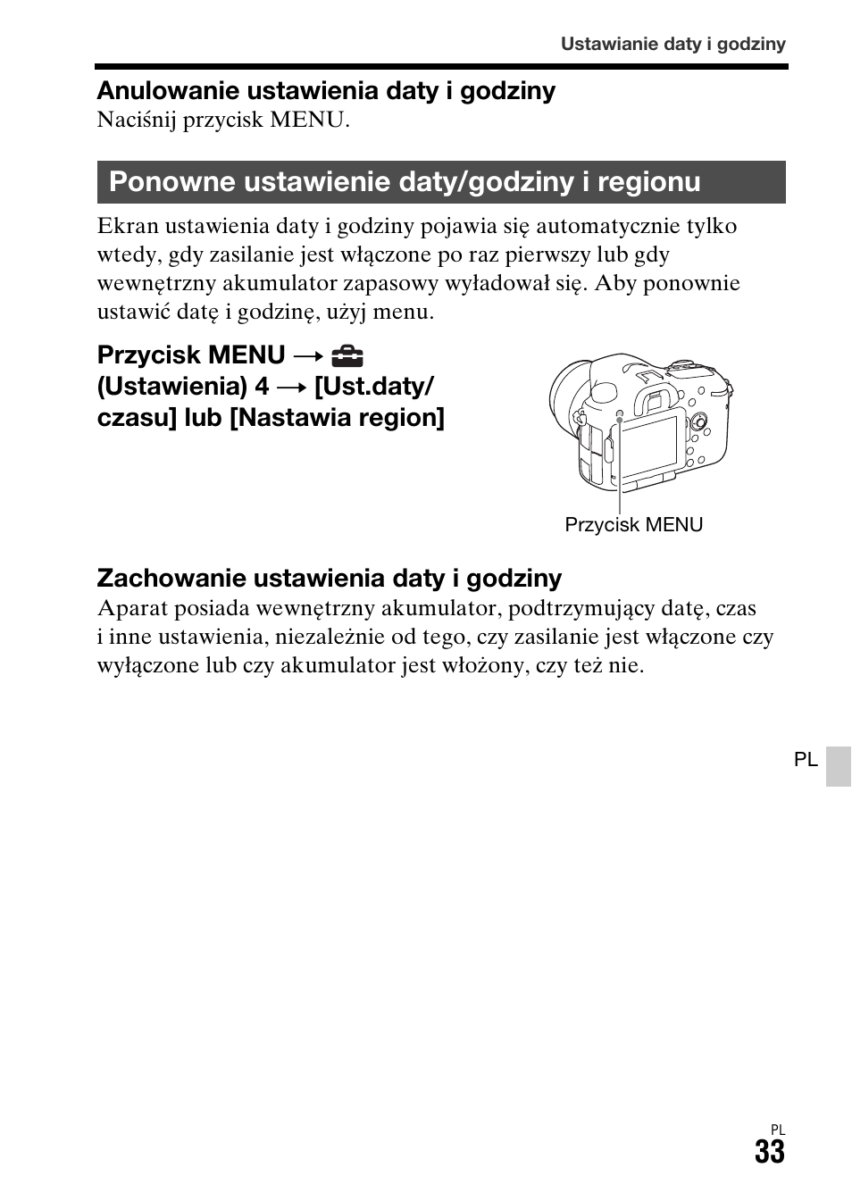 Ponowne ustawienie daty/godziny i regionu | Sony ILCA-77M2 User Manual | Page 415 / 675