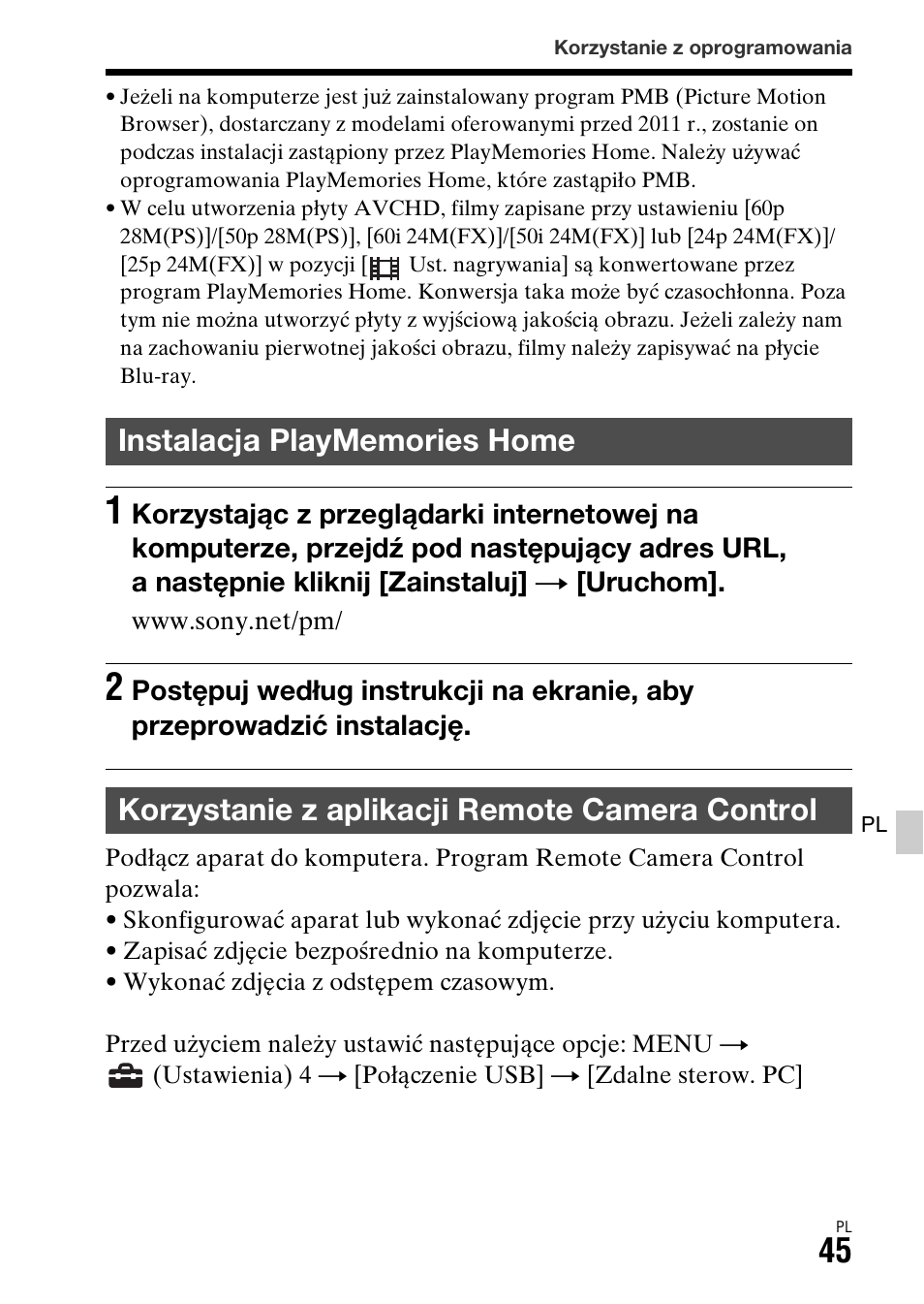 Instalacja playmemories home, Korzystanie z aplikacji remote camera control | Sony ILCA-77M2 User Manual | Page 427 / 675