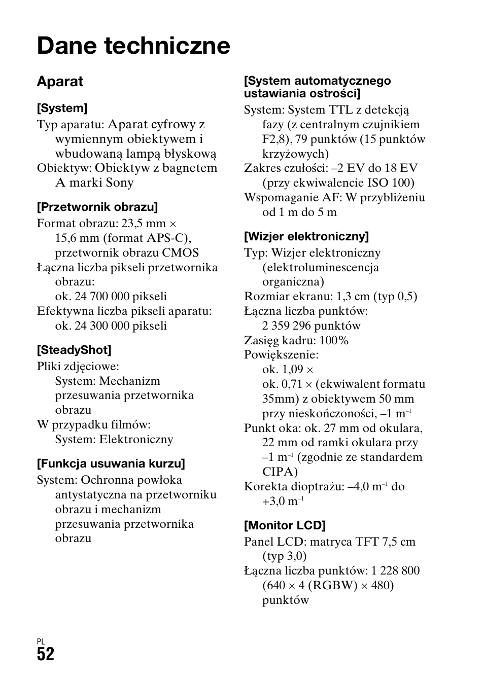 Dane techniczne, Aparat | Sony ILCA-77M2 User Manual | Page 434 / 675