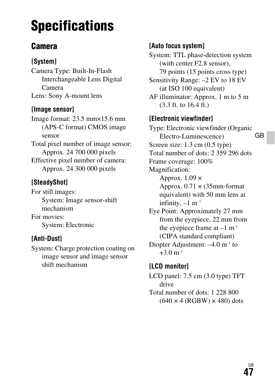 Specifications, Camera | Sony ILCA-77M2 User Manual | Page 47 / 675