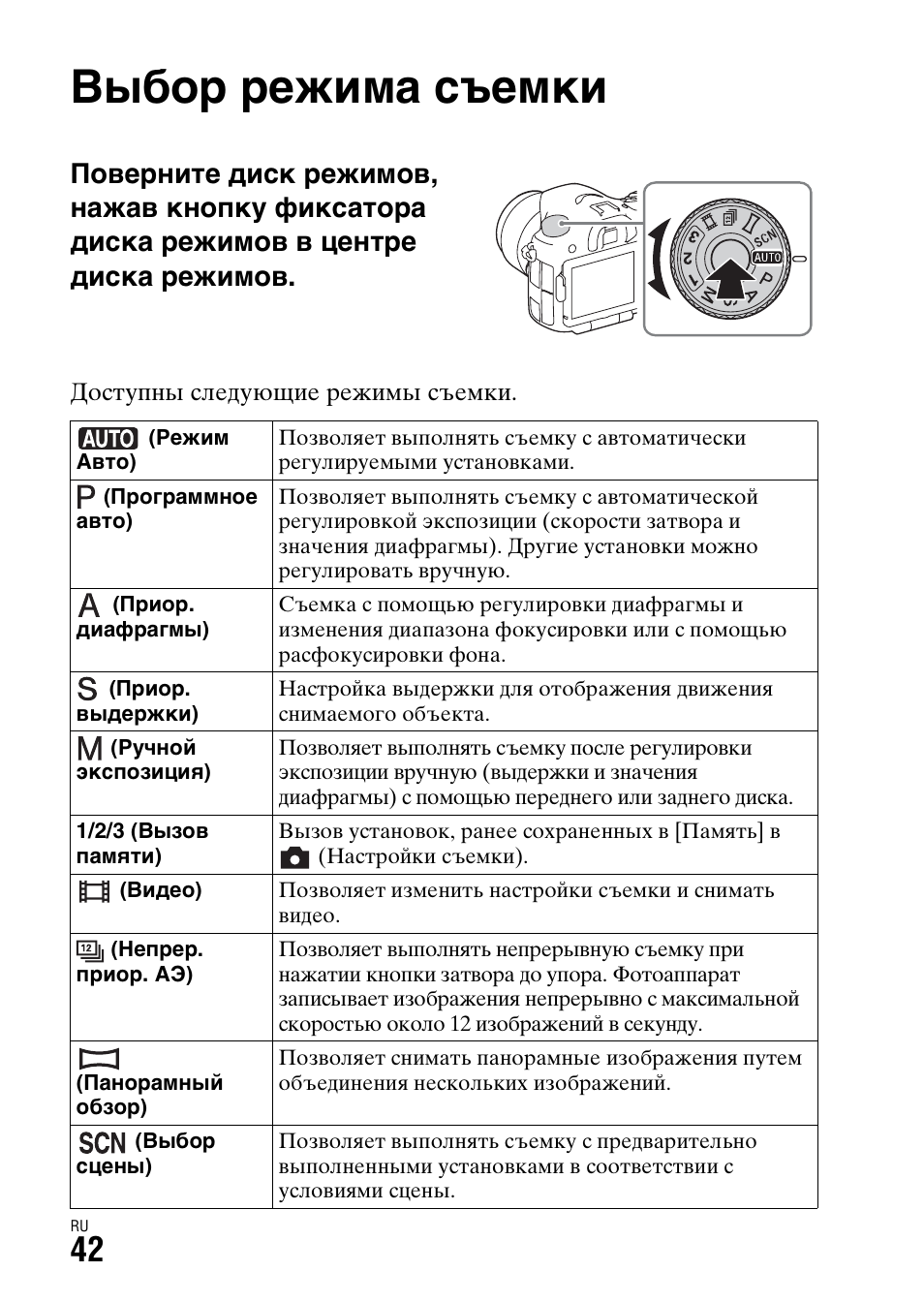 Выбор режима съемки | Sony ILCA-77M2 User Manual | Page 482 / 675