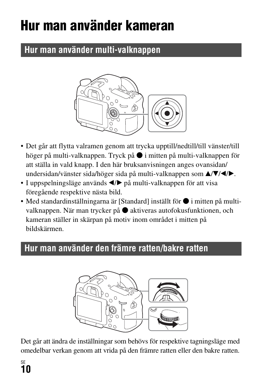 Funktionslista, Hur man använder kameran, Hur man använder multi-valknappen | Hur man använder den främre ratten/bakre ratten | Sony ILCA-77M2 User Manual | Page 576 / 675