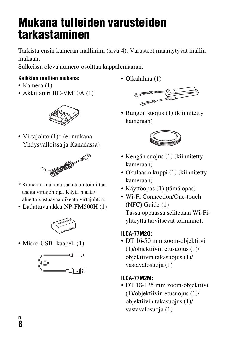 Mukana tulleiden varusteiden tarkastaminen, Ennen käyttöä | Sony ILCA-77M2 User Manual | Page 602 / 675
