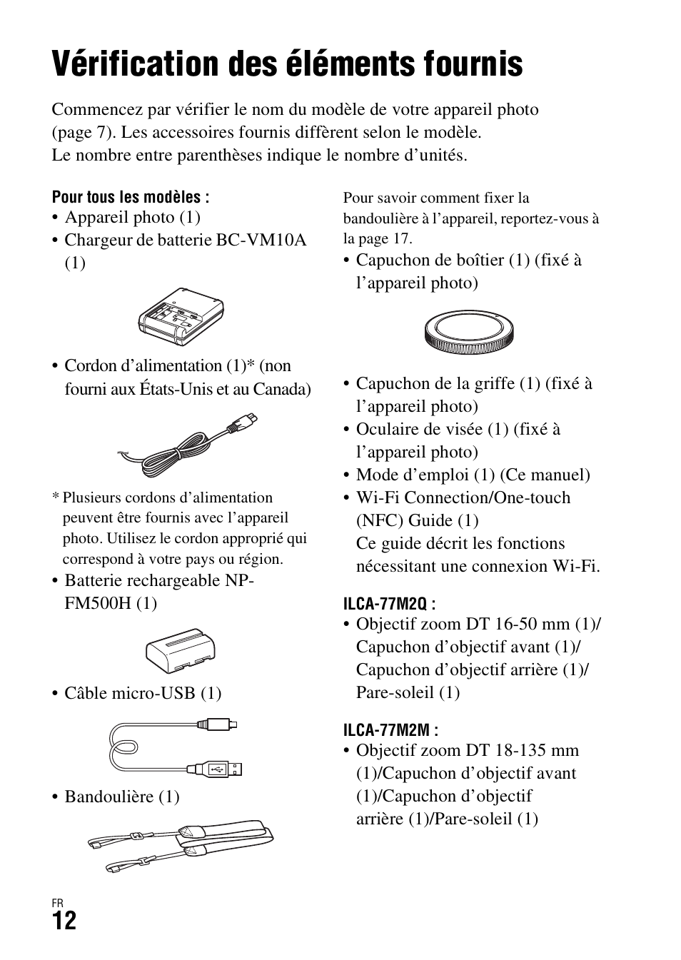 Vérification des éléments fournis, Avant utilisation | Sony ILCA-77M2 User Manual | Page 64 / 675
