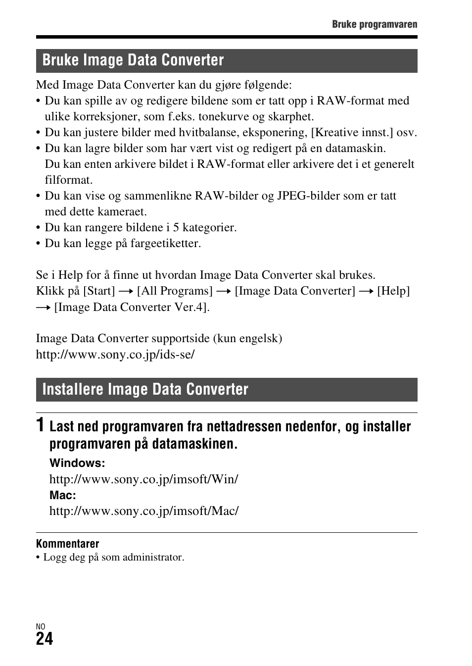 Bruke image data converter, Installere image data converter | Sony ILCA-77M2 User Manual | Page 644 / 675