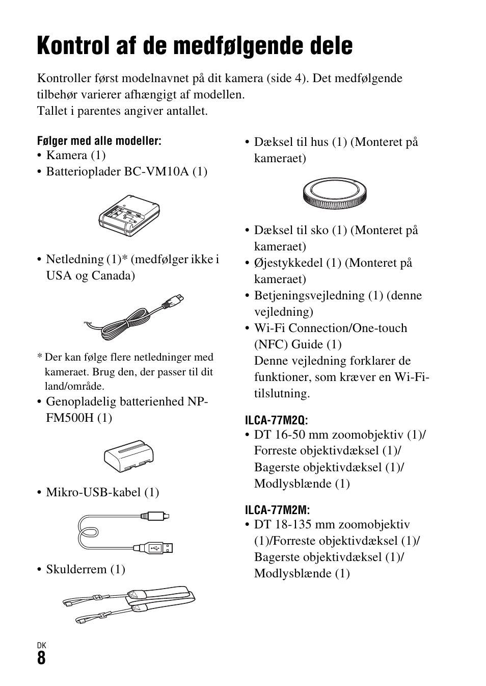 Kontrol af de medfølgende dele, Inden brug | Sony ILCA-77M2 User Manual | Page 656 / 675