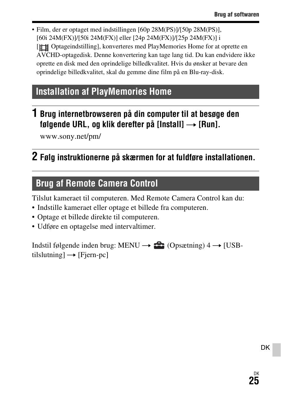 Installation af playmemories home, Brug af remote camera control | Sony ILCA-77M2 User Manual | Page 673 / 675