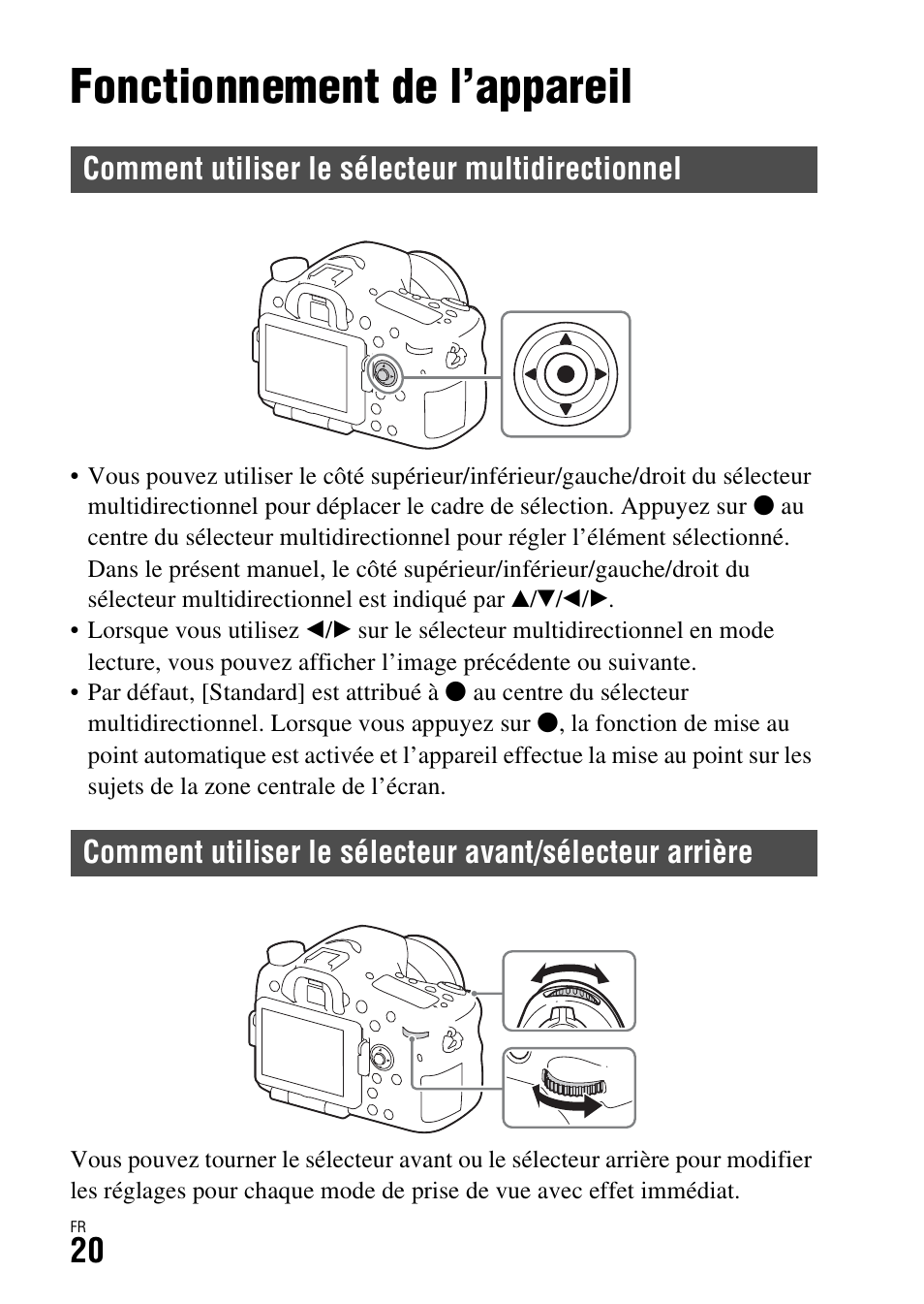 Liste des fonctions, Fonctionnement de l’appareil, Comment utiliser le sélecteur multidirectionnel | T (20) | Sony ILCA-77M2 User Manual | Page 72 / 675