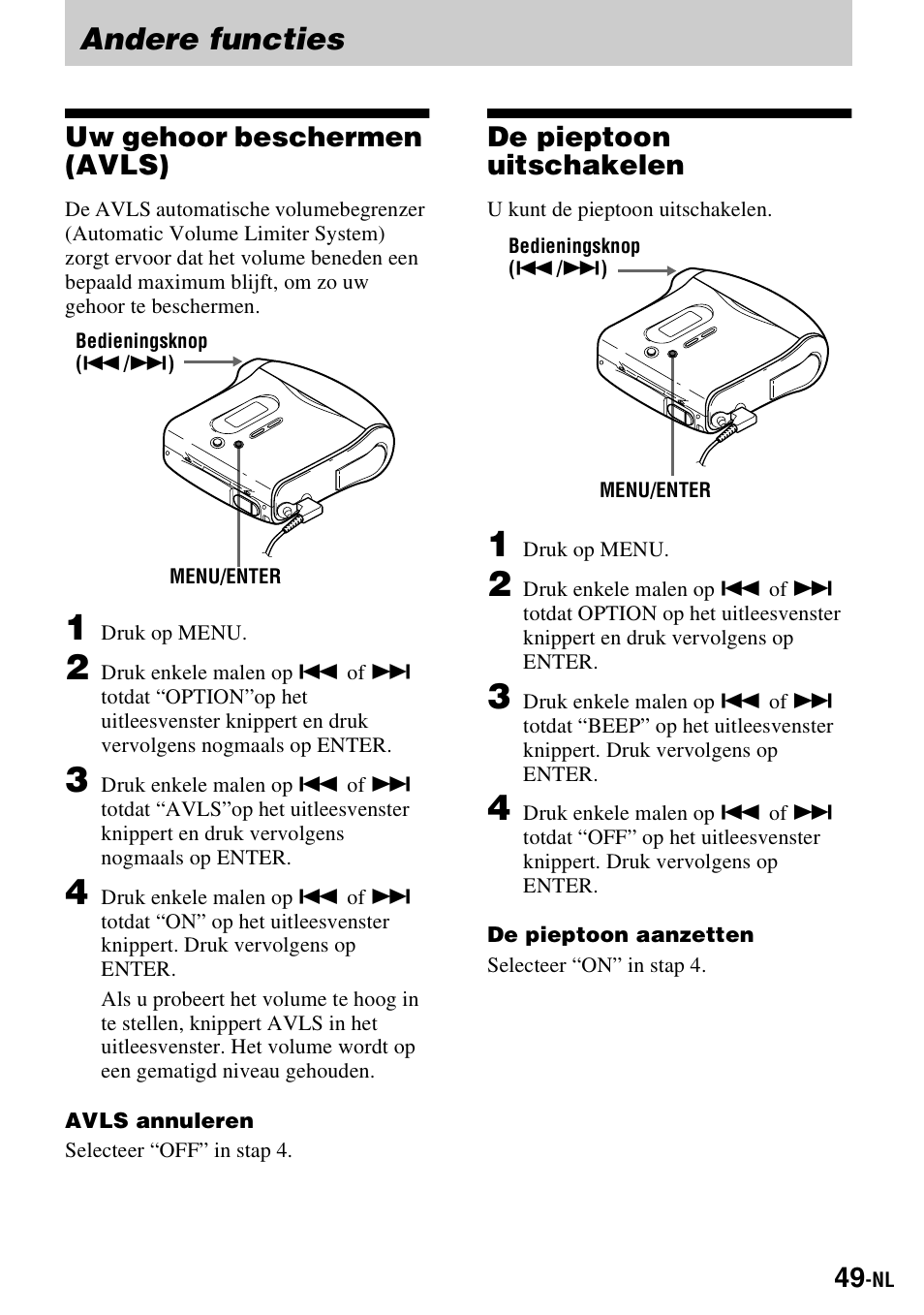 Andere functies, Uw gehoor beschermen (avls), De pieptoon uitschakelen | Sony MZ-S1 User Manual | Page 123 / 220