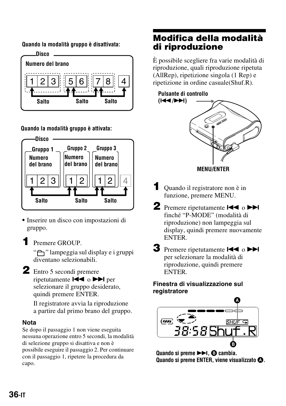 Modifica della modalità di riproduzione, Shuf.r | Sony MZ-S1 User Manual | Page 182 / 220