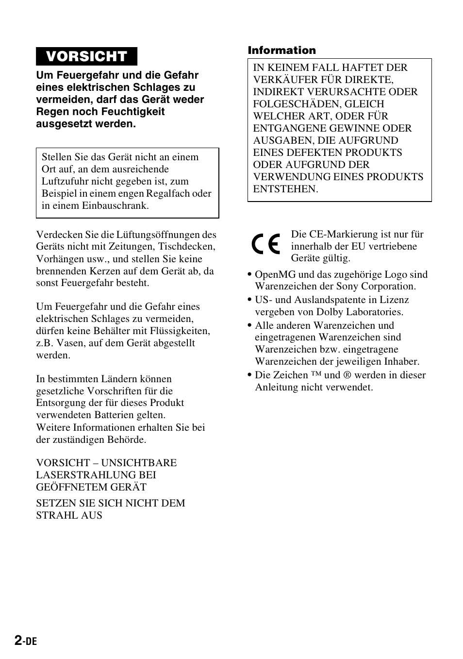 Vorsicht | Sony MZ-S1 User Manual | Page 2 / 220