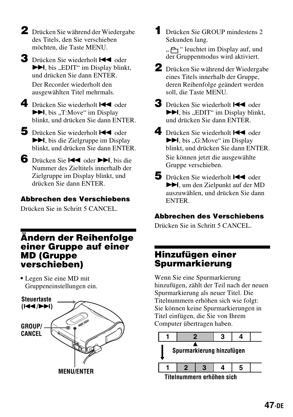 Hinzufügen einer spurmarkierung | Sony MZ-S1 User Manual | Page 47 / 220