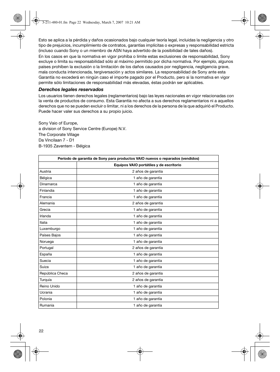 Derechos legales reservados | Sony VGN-AR41MR User Manual | Page 22 / 60