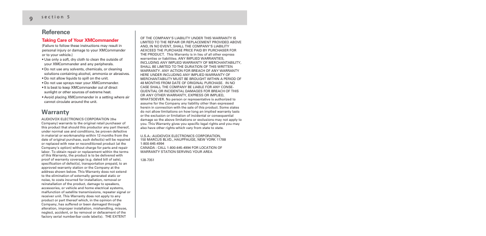 9warranty reference | Audiovox XMCommander XM-RVR-FM-001C User Manual | Page 10 / 12