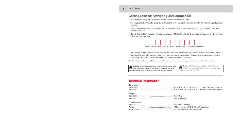 2getting started: activating xmcommander, Technical information | Audiovox XMCommander XM-RVR-FM-001C User Manual | Page 3 / 12