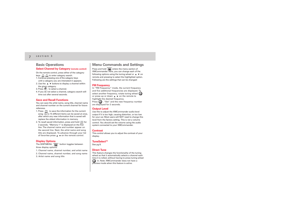 Basic operations, 7menu commands and settings | Audiovox XMCommander XM-RVR-FM-001C User Manual | Page 8 / 12