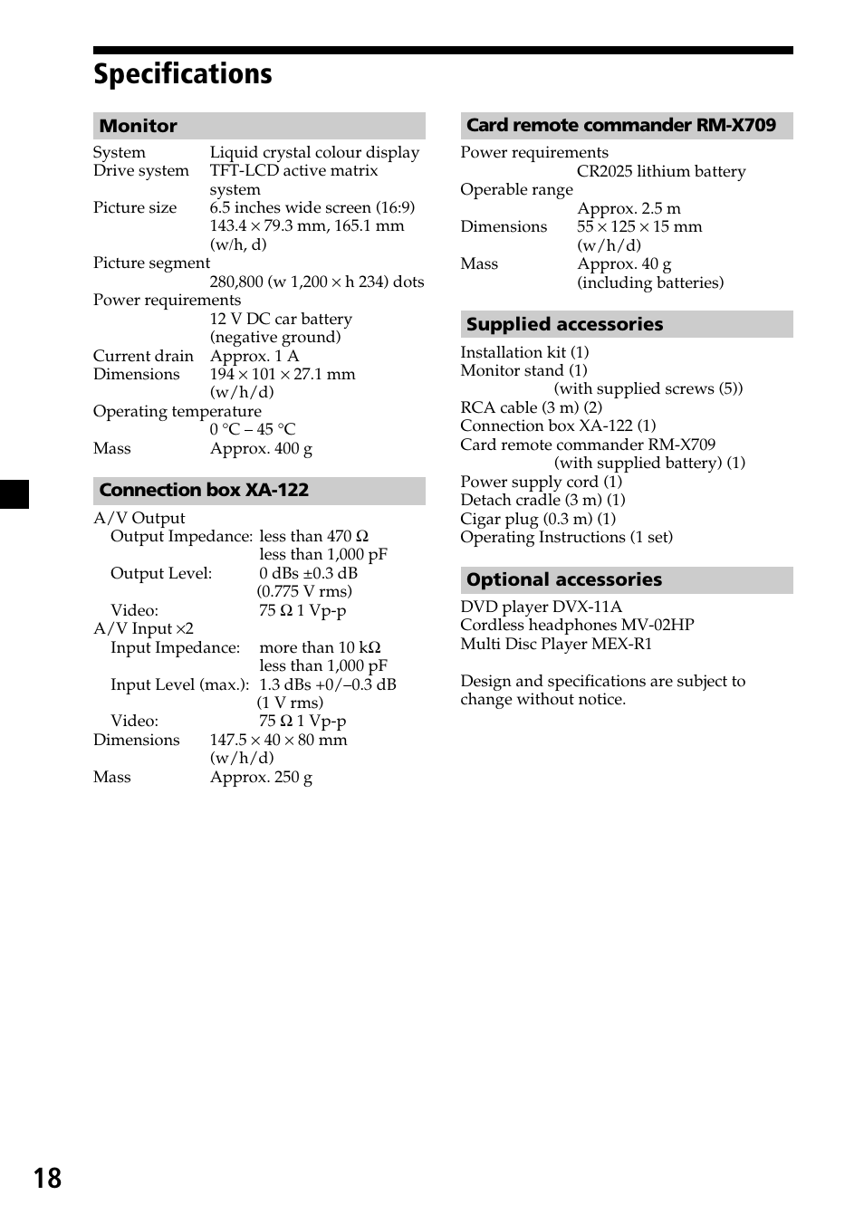Specifications, 18 specifications | Sony XVM-F65 User Manual | Page 18 / 92
