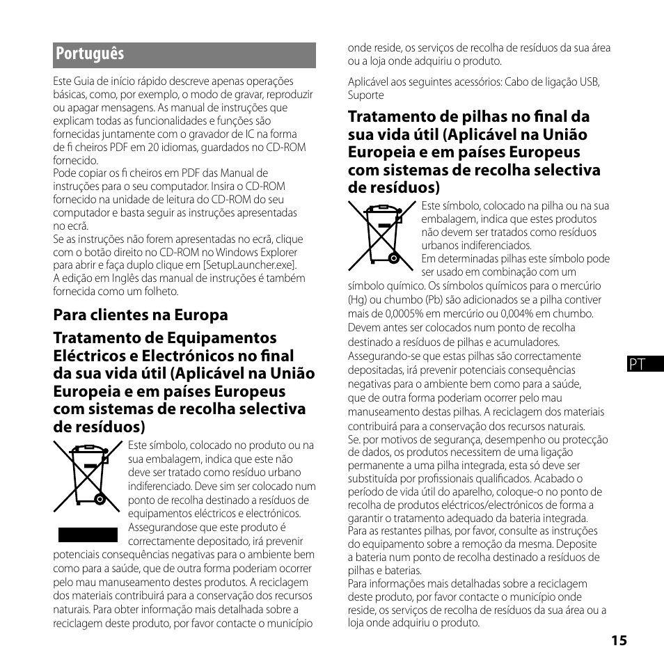 Português | Sony ICD-SX750 User Manual | Page 15 / 56