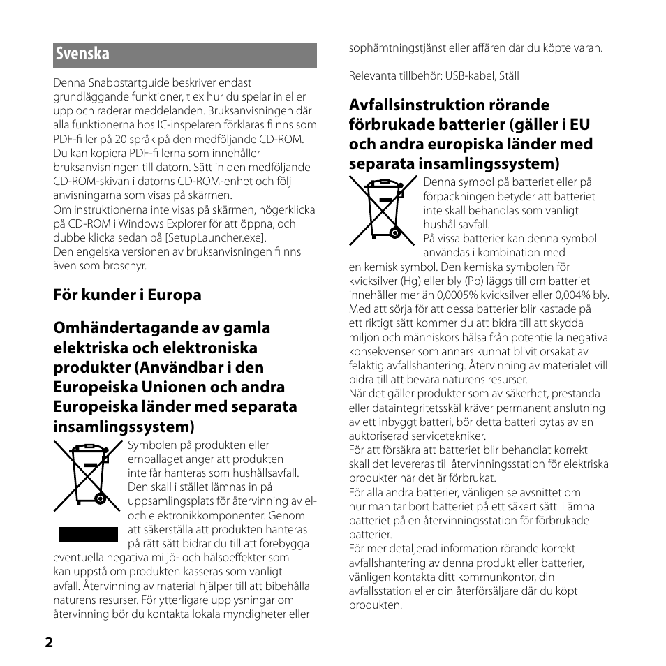 Svenska | Sony ICD-SX750 User Manual | Page 2 / 56