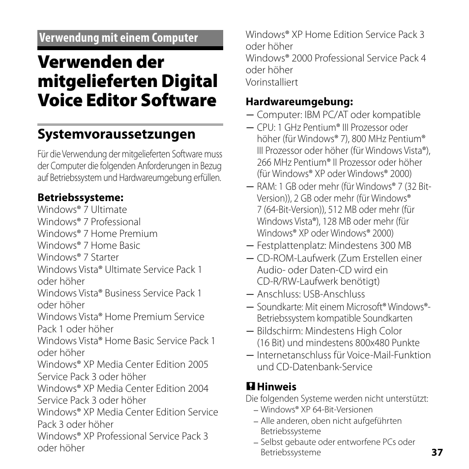 Verwendung mit einem computer, Verwendung mit einem, Computer | Verwenden der mitgelieferten digital, Voice editor software, Systemvoraussetzungen | Sony ICD-SX750 User Manual | Page 37 / 56