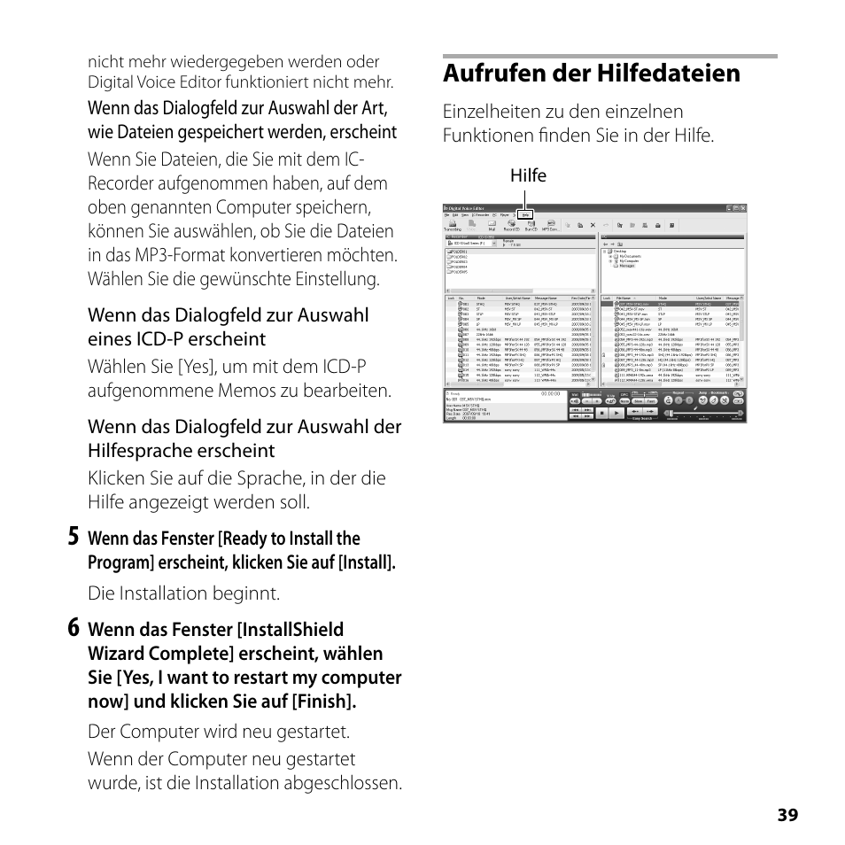Aufrufen der hilfedateien | Sony ICD-SX750 User Manual | Page 39 / 56