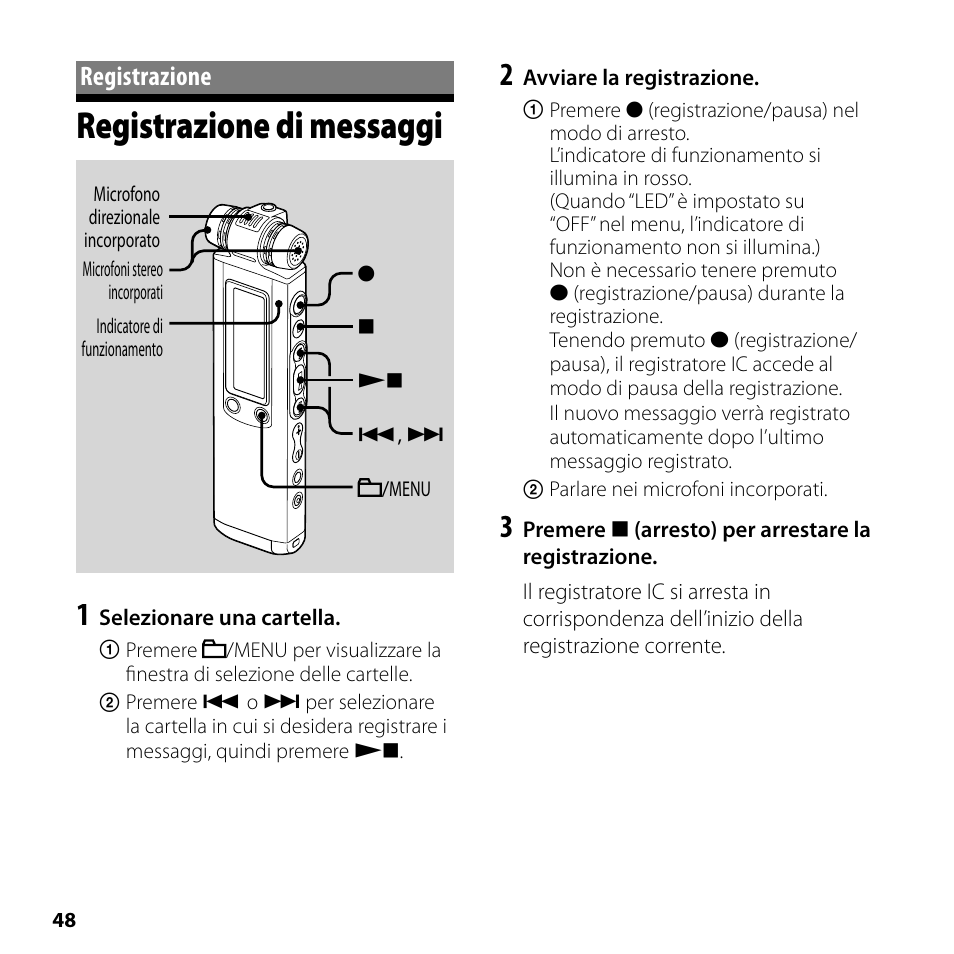 Registrazione, Registrazione di messaggi | Sony ICD-SX750 User Manual | Page 48 / 56