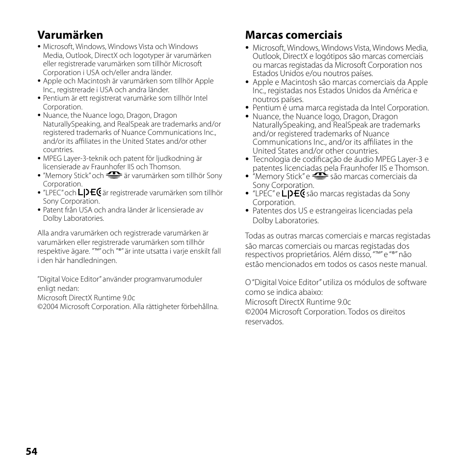Varumärken, Marcas comerciais | Sony ICD-SX750 User Manual | Page 54 / 56