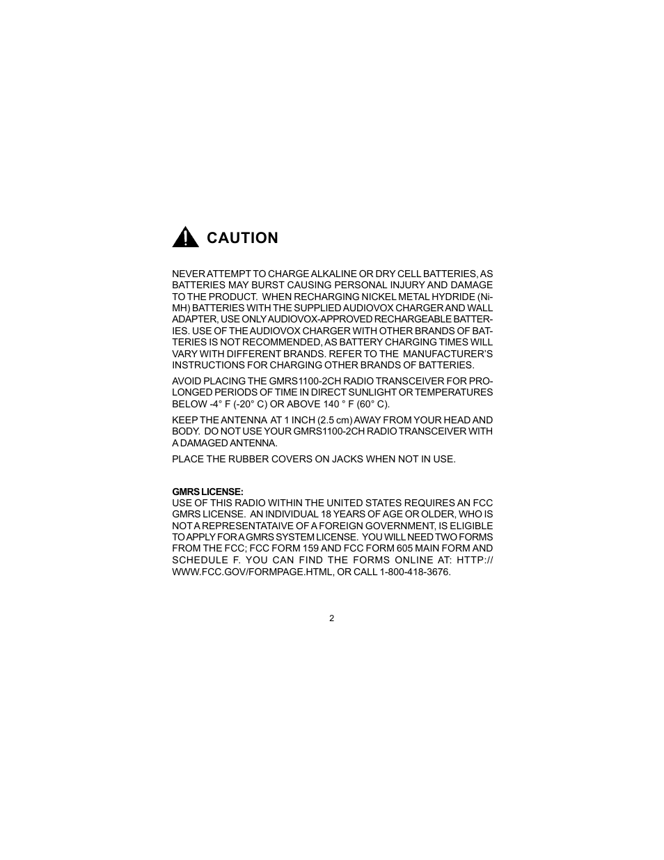 Caution | Audiovox GMRS1100-2CH User Manual | Page 2 / 24