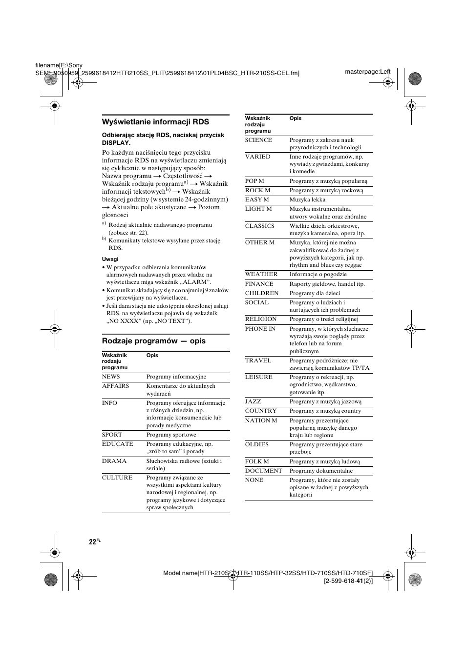 Wyświetlanie informacji rds, Rodzaje programów — opis | Sony HTD-710SF User Manual | Page 22 / 92