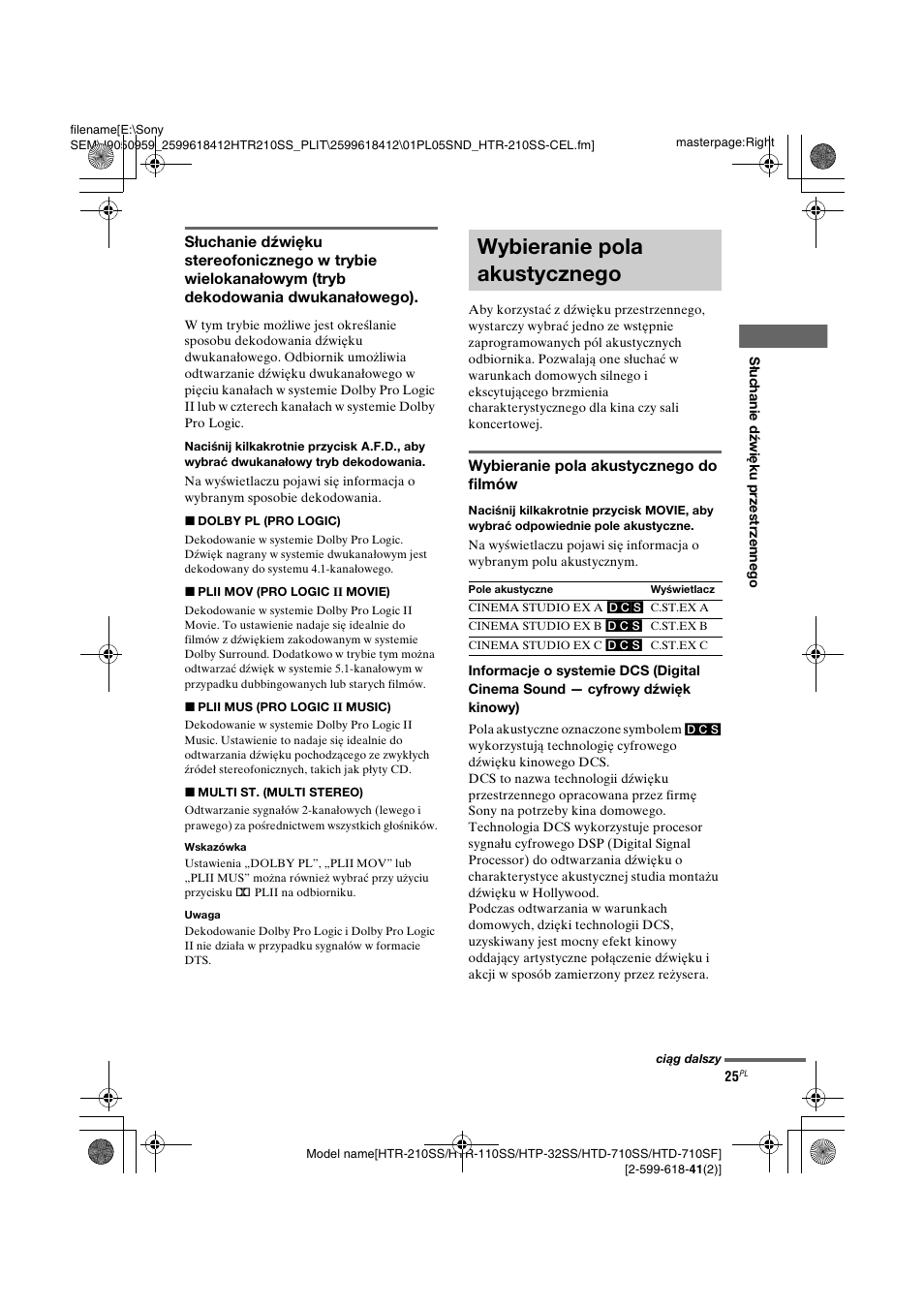 Wybieranie pola akustycznego | Sony HTD-710SF User Manual | Page 25 / 92