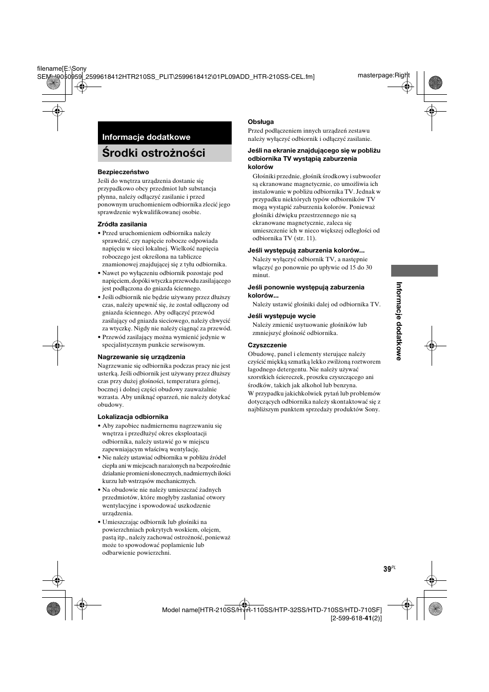 Informacje dodatkowe, Środki ostrożności | Sony HTD-710SF User Manual | Page 39 / 92