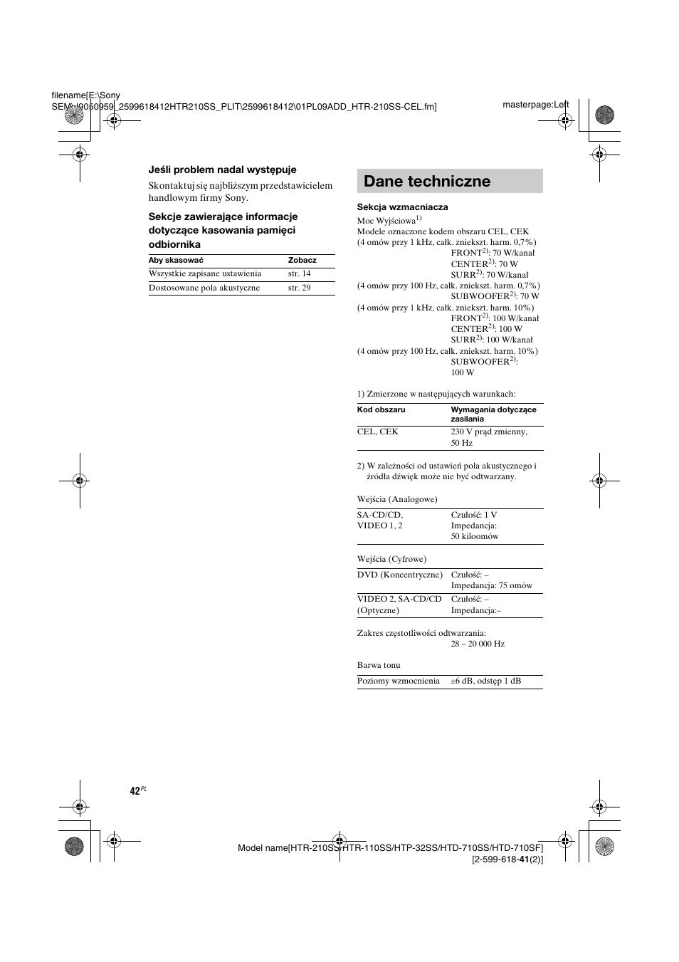 Dane techniczne | Sony HTD-710SF User Manual | Page 42 / 92