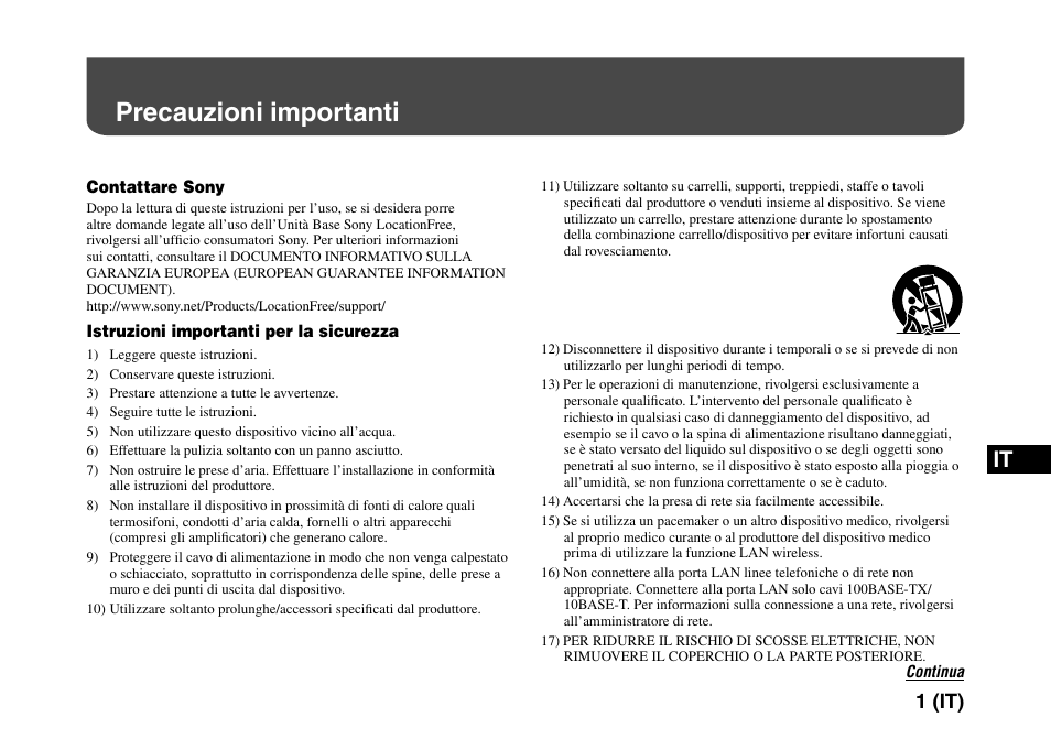 Precauzioni importanti, 1 (it) | Sony LF-PK1 User Manual | Page 95 / 155