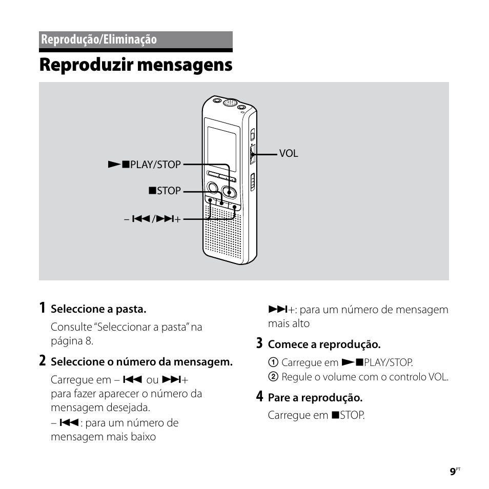 Reprodução/eliminação, Reproduzir mensagens | Sony ICD-P520 User Manual | Page 29 / 84