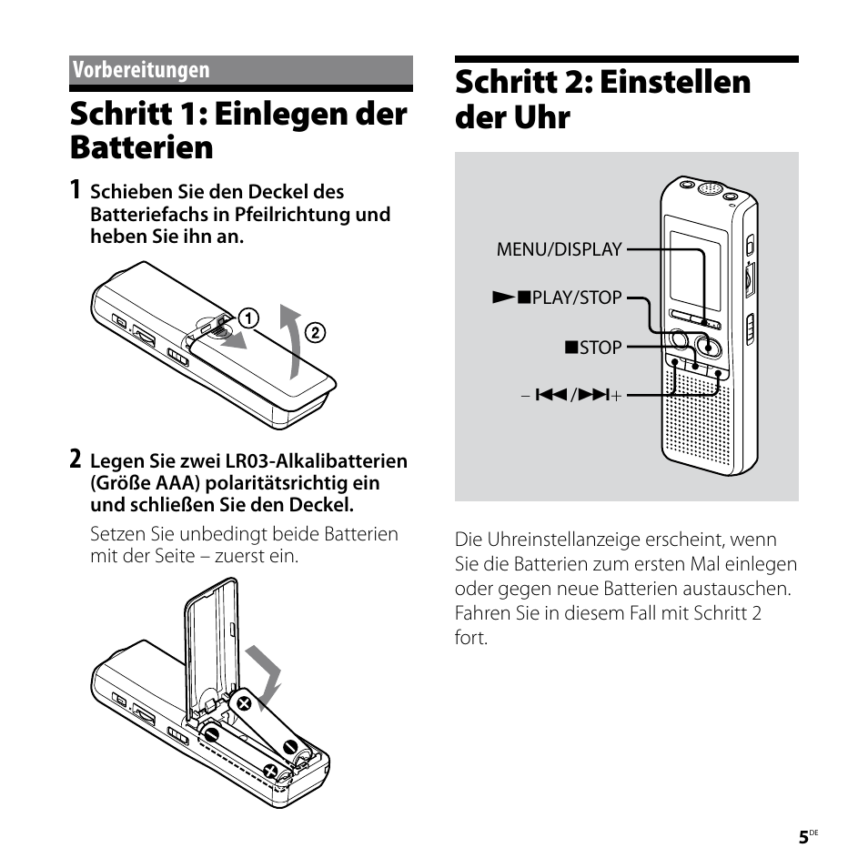 Vorbereitungen, Schritt 1: einlegen der batterien, Schritt 2: einstellen der uhr | Sony ICD-P520 User Manual | Page 45 / 84