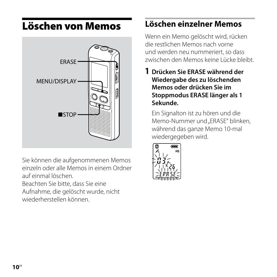 Löschen von memos | Sony ICD-P520 User Manual | Page 50 / 84